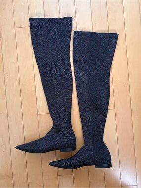 Zara Black Glitter Over-the-Knee Flat Boots